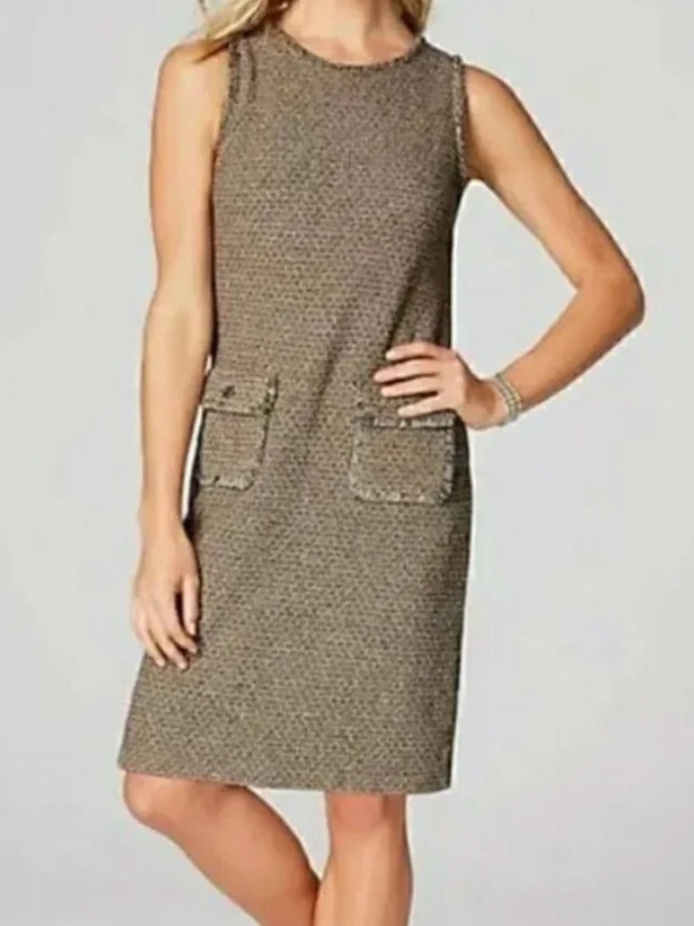J.Jill Butterscotch Brown Stretch Knit Tweed Sleeveless Dress. Size Large.